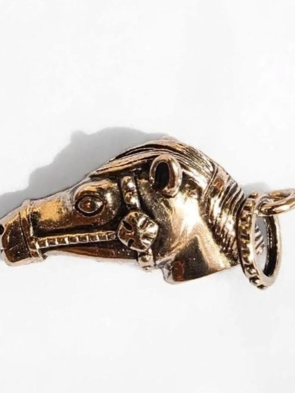 Brass horse head charm or pendant featuring a detailed mane and bridle